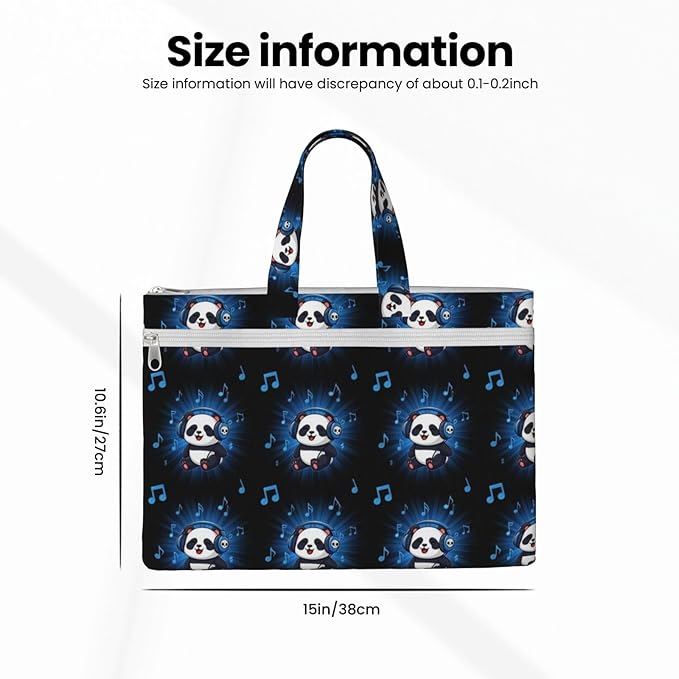 Portable Canvas Zipper File Bag with Handle, Waterproof Document Organizer Panda Animal Headphones Music for Business Travel Storage