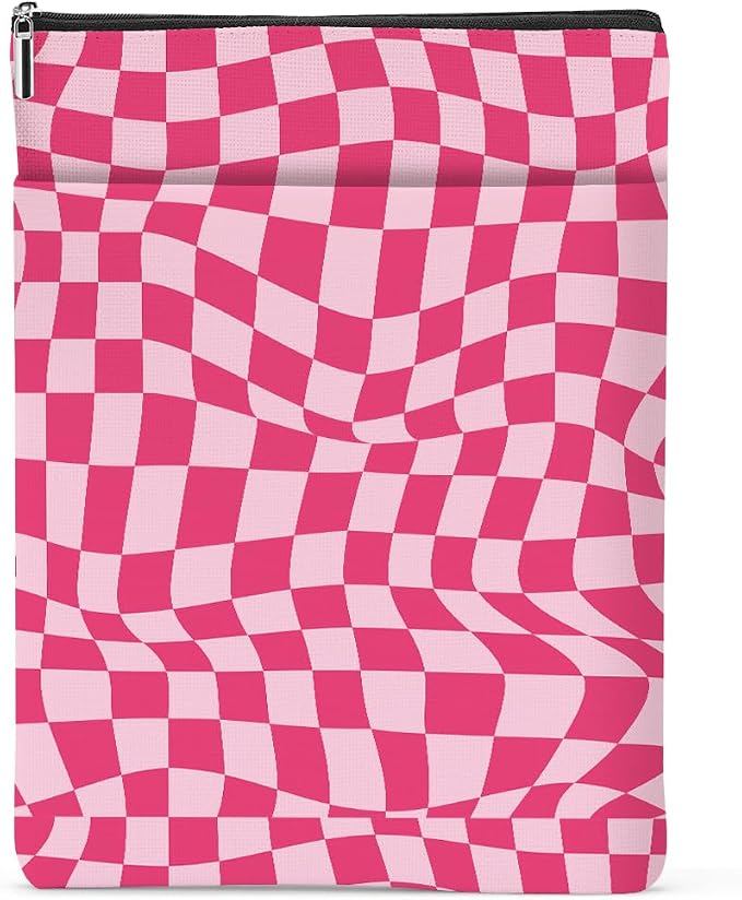 Wave Pink Plaid Book Lovers Gifts Book Sleeve Vintage Checkered Waterproof Book Cover Book Pouch Book Protector with Front Pocket Book Club Christmas Birthday Gifts for Women Girl Book Accessories
