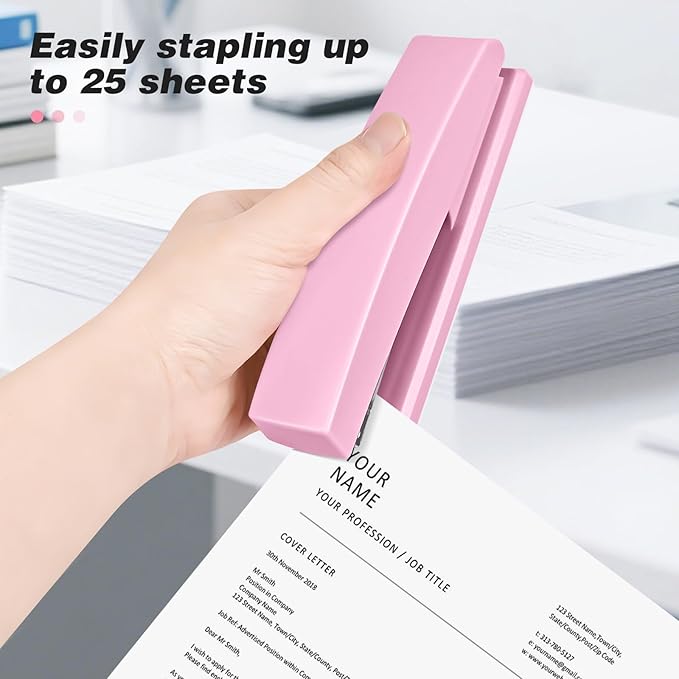 Stapler with 5000 Staples - Office Stapler, 25 Sheet Capacity, Staplers for Desk, Non-Slip, Pink