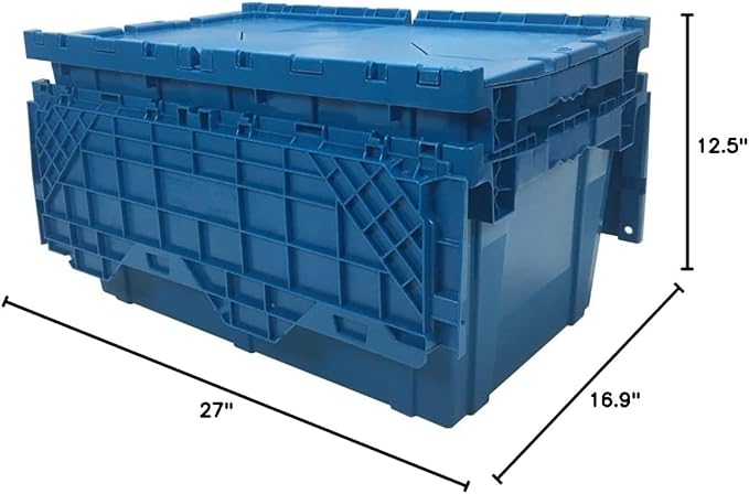 Storage and Packing Plastic Tote Crate Attached Lid Flip Top, 27"x16.9"x12.5", Blue Crates With Lids, Heavy Duty Storage Containers, Stackable Tote Bins For Storage, Moving & Home Organization