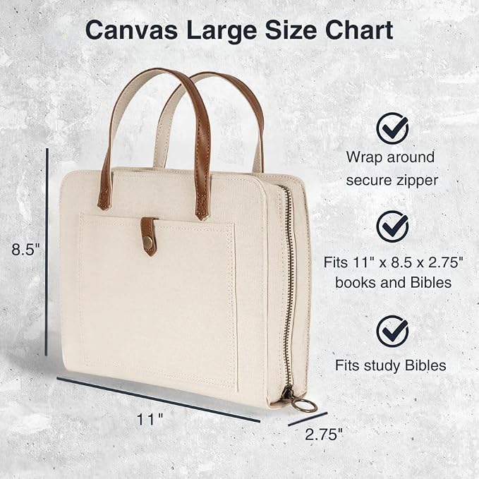 Bible Cover for Women Canvas Case with Leather Handles, Purse Style Bible Bag with Zippered Closure and Snap Pocket (White/Cream, Medium and Large Bibles)