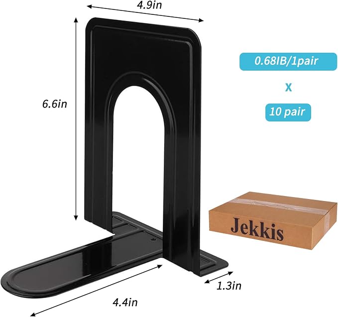 Jekkis 20pcs Book Ends Metal Bookends for Shelves, 6.6"x 5.7"x 5" Black Heavy Duty Bookends for Nonskid Supports Plain Large, Library Office Home, 10 Pair