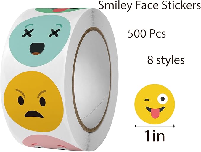 500 Pcs Smiley Face Stickers - 1 Inch Self-Adhesive Emoticon Reward Labels for Kids Classroom, Teachers, Party Favors, Scrapbooking, Packaging, School Supplies