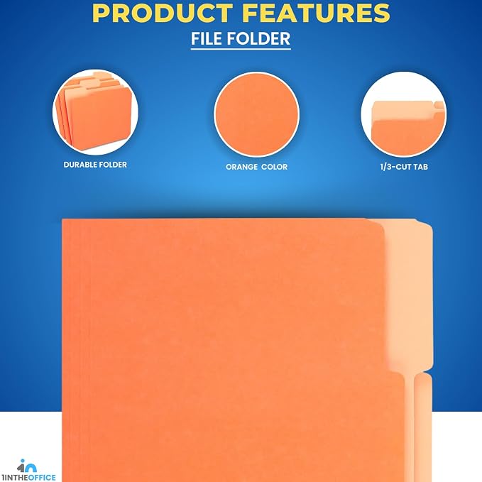 1InTheOffice Orange Folder, Orange File Folders, Durable Folder, File Folder Letter Size, 1/3 Cut Assorted Tab, 100 pcs (100)