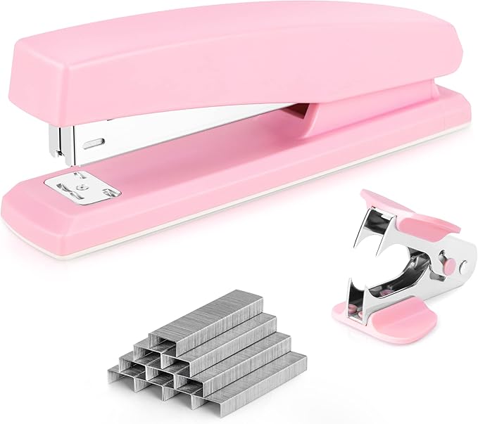 Deli Stapler, Desktop Staplers, Office Stapler, 25 Sheet Capacity, Includes 1000 Staples and Staple Remover, Pink