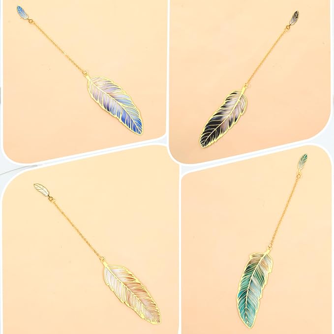 4pcs Metal Bookmarks with Chain Lotus Leaf Bookmark Birthday Gifts Teacher Christmas Gifts Unique Plant Gifts Literary Accessory Appreciation Stuffers for Women Grils Readers (Metal Feather)