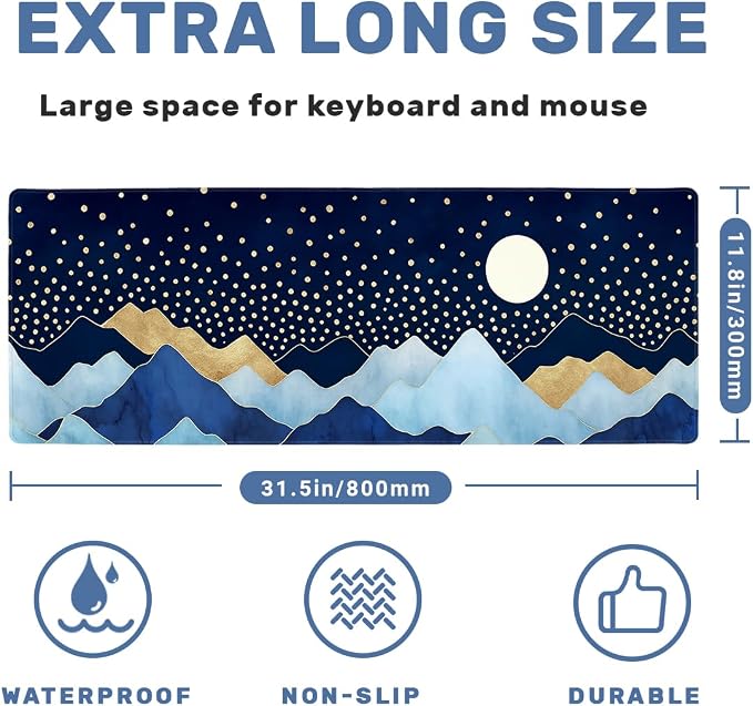 Moonlight Peaks Gaming Mouse Pad Large Desk Mat Blue Gold Mountain Starry Night Mousepad Computer Keyboard Pad Mouse Mat Laptop Mat 31.5 x 11.8 Mouse Pads for Desk Home Office Gaming