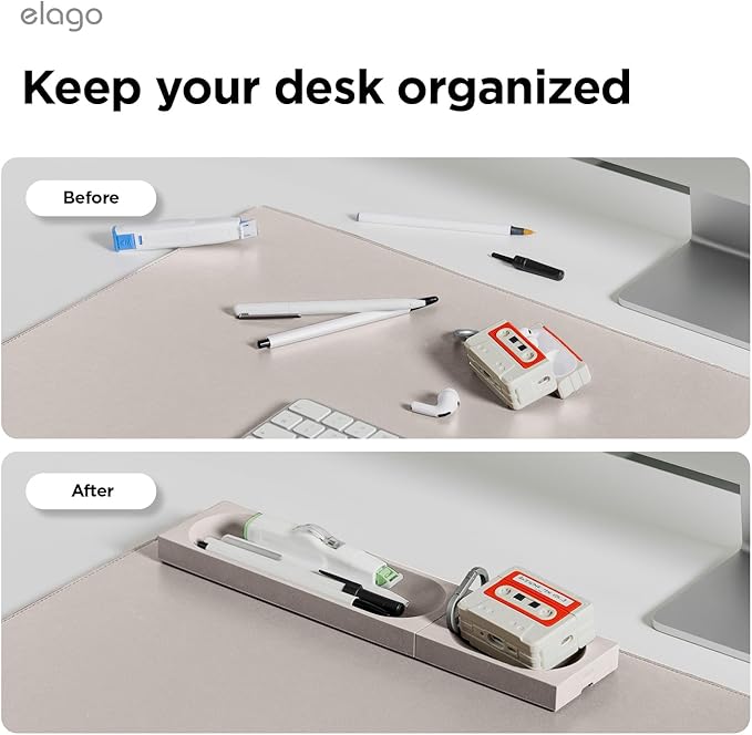 elago Smart Magnetic Desk Mat Pencil Tray – Soft Silicone Organizer for Office Supplies, AirPods, Glasses, Pens – Noise-Free, Non-Slip, Washable, Item for Desk Management [Medium-Small Set] (Stone)