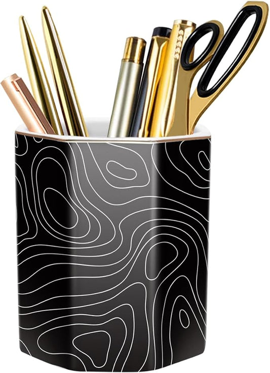 Black Pen Holder, Pencil Cup for Desk, Cute Desk Organizer, Durable Ceramic Decorative Makeup Brush Desktop Accessories, Stylish Stationery for Office, Home, Abstract Pattern