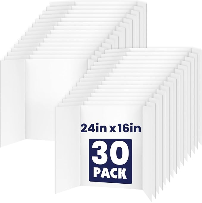 30 Pack Trifold Poster Board, 16in x 24in Corrugated Project Board, White Presentation Board, Trifold Display Board for School Project, Business Presentation, Science Fairs, Event Display