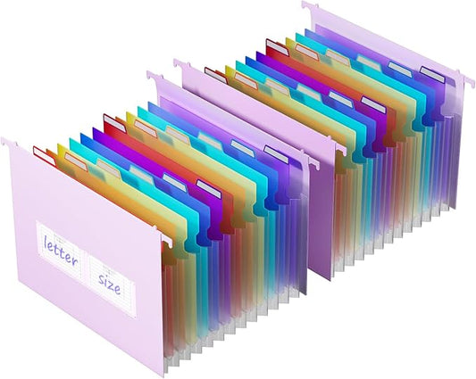 ThinkTex Plastic Expanding Hanging File Folders,12 Accordion Pockets,Large Capacity for Letter Size, Organizer for Filing Cabinet,Ideal for Tax,Contracts,Invoices,for Office,School-Purple-2set