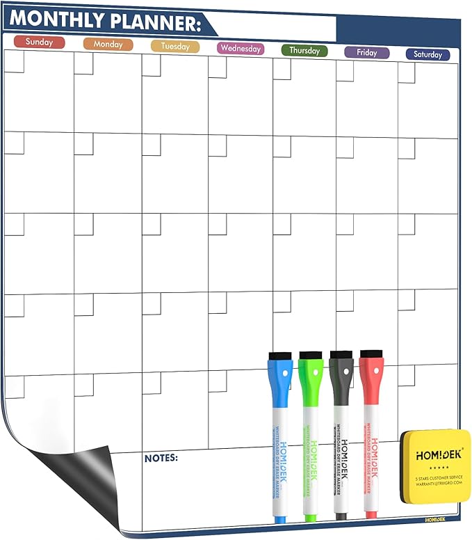 HOMiDEK Magnetic Dry Erase Calendar for Refrigerator - Large Fridge Whiteboard Calendar - Magnet Monthly Planner Family Planning Board with Dry Erase Markers & Eraser - 17.5 x 17.5 Inches