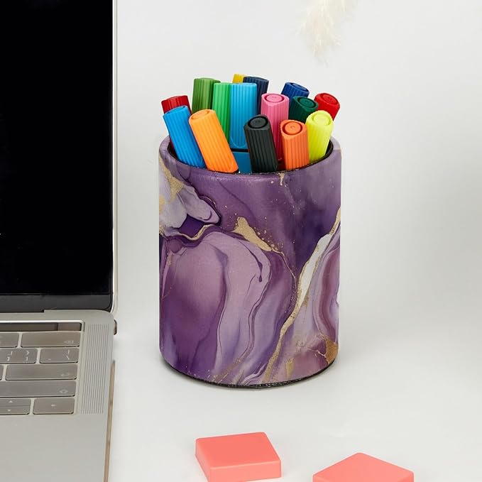 Leather Pen Holder for Desk, Purple Marble Makeup Brushes Holder Pencil Cup Multifunctional Desktop Organizer Caddy for Home School Office Desk Accessories