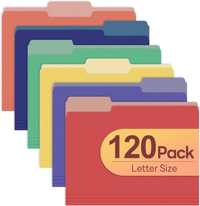 Piasoenc Color File Folders Set of 120, 1/3 Cut Tab, Letter Size Folder for 8.5 x 11 Documents Files, Assorted 6 Colors Filing for Office School Business
