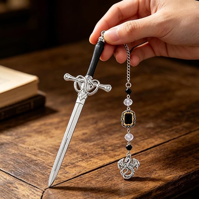 Fantasy Sword Bookmark with Dragon Pendant, Stainless Steel Gothic Medieval Book Marker with Crystal Charm Tassel, Reading Accessory Gift Box for Book Lovers and Fantasy Readers(Dragon)