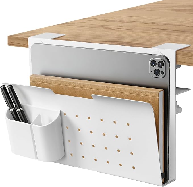 Under Desk Laptop Holder, No Drill Table Side Storage Organizer, White Clamp On Desktop Shelf Steel Table Hanging Mount File Tray, Desk Accessories & Workspace Organizers (White)
