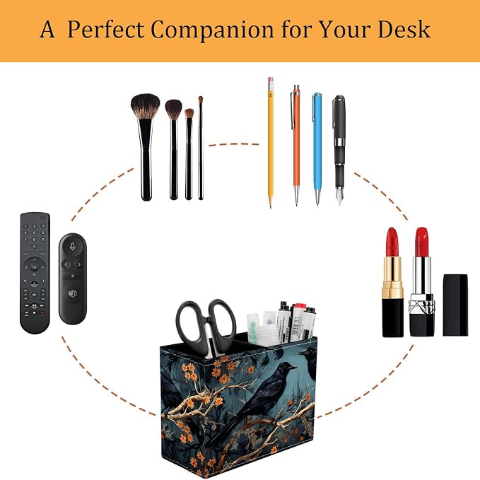 Pen Holder for Desk, PU Leather Multifunctional Desktop Storage Box and Anti-Slip Mouse Pad Set, Makeup Brush Holder Pen Organizer for Office and Home - Branch Crow