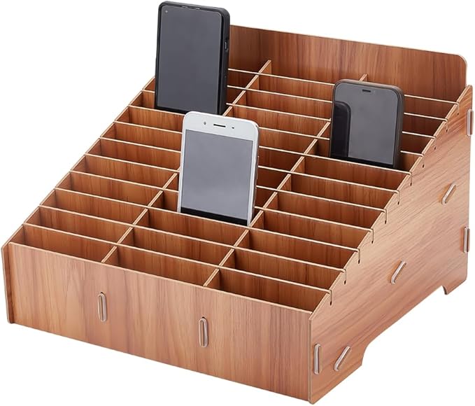 BENECREAT 36-Grid Wooden Cell Phone Storage Box, Mobile Phone Holder Organizer Creative Desktop Organizer for Office Meeting, School Classroom Supplies, Dark Goldenrod