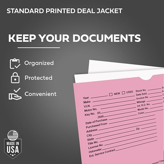 Printed Vehicle Deal Envelopes 9x12 Deal Jackets (100 shrink wrapped) (Pink)