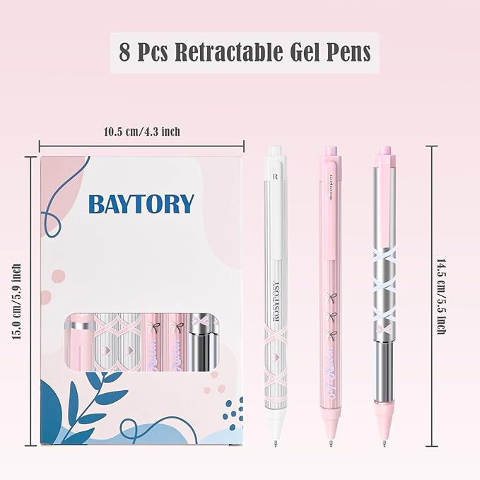 BAYTORY 8Pcs Gel Pens, Aesthetic Pens, Pastel Pen, Fine Point 0.5 mm Pen for Journaling, Retractable Quick Dry Black Ink, Smooth Writing for Office School Supplies (Pink Series)