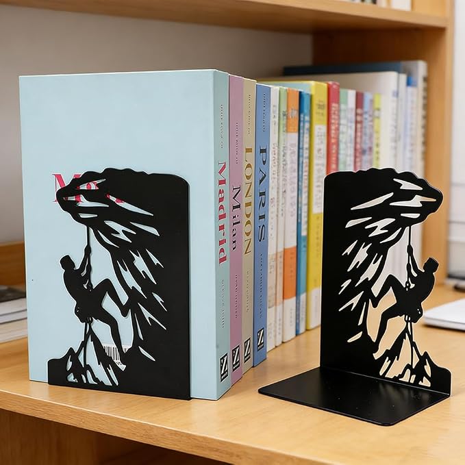 Book Ends, Bookends, Book Ends for Shelves, 2Pair Non Skid Metal Book Divider Decorative Holder, Abstract Art Desgin Book Stopper Supports for Office, Home (Rock Climbing)