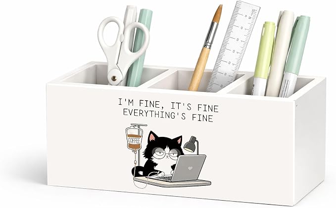 I’m Fine It’s Fine Everything’s Fine Cat Desk Organizer, 3-Compartment Wooden Pencil Holder for Pens, Pencils, Scissors & Ruler, Funny Cat Quote Storage Box for Kids, Home & Office