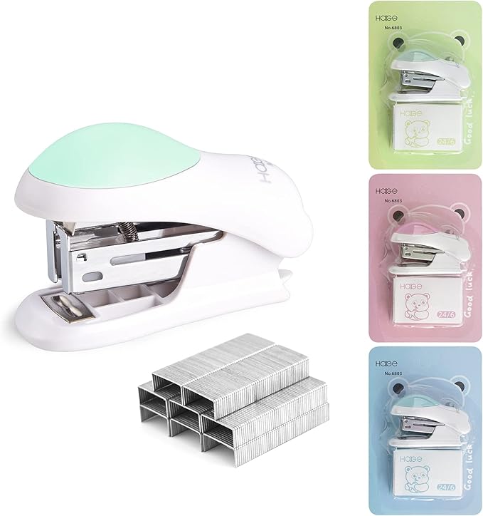 NEBURORA Green Mini Effortless Desktop Staplers with 400 Standard Staples Bundle Purple Single Hole Puncher Metal with Soft-Handled