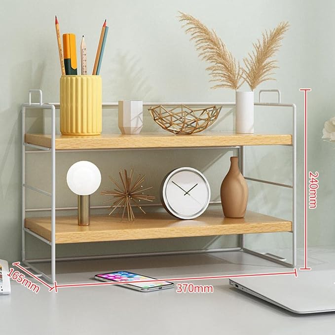 Desktop Shelf Organizer, Small Wood Countertop Bookshelf Adjustable Desktop Organizer Office, Desk Storage Tabletop Display Shelf for Home Office Kids Dorm (Wood White Frame)