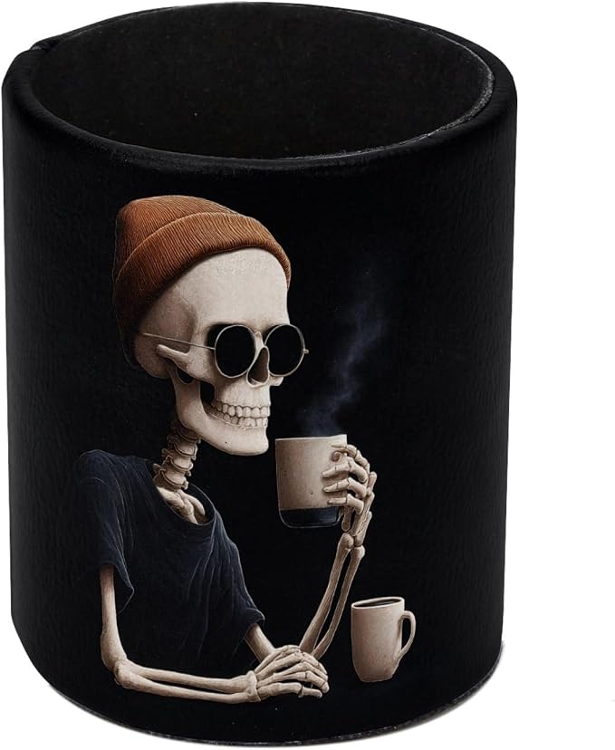 Cool Skeleton Drinking Coffee Pen Holder Pencil Organizer Cute Pencil Cup Desk Decor Makeup Brush Holder PU Multifunctional Office Supplies for Home Classroom School