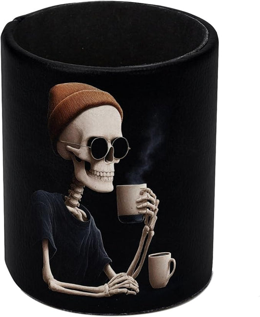 Cool Skeleton Drinking Coffee Pen Holder Pencil Organizer Cute Pencil Cup Desk Decor Makeup Brush Holder PU Multifunctional Office Supplies for Home Classroom School