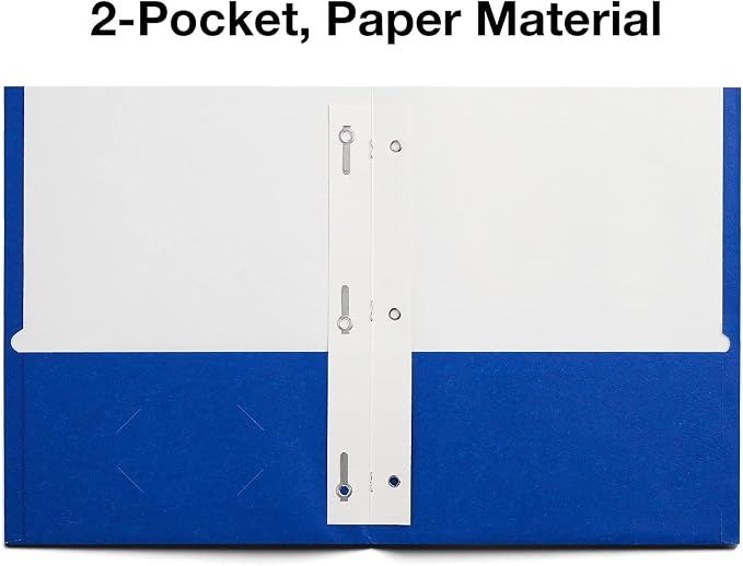 Staples School Grade 2‑Pocket Folders with Fasteners, Blue, Letter‑Size Durable Classroom & Office File Folders, 25/Box