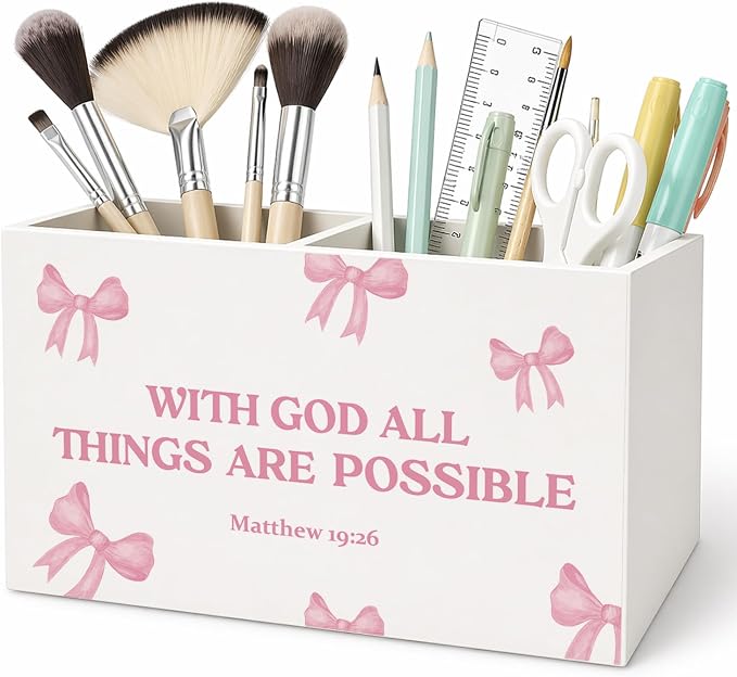 Christian Pen Pencil Holder for Desk Pink Bow Christian Gifts for Women Girls, Preppy Bible Verse Pencil Holders Wooden Box Organizer for Girls Room Bedroom Dorm Desk Tabletop