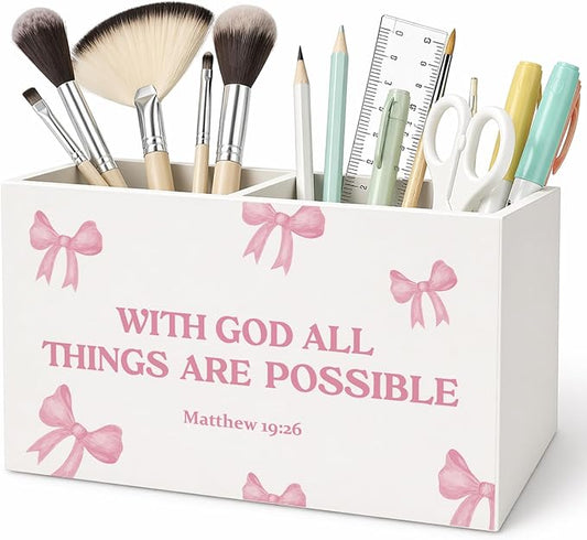 Christian Pen Pencil Holder for Desk Pink Bow Christian Gifts for Women Girls, Preppy Bible Verse Pencil Holders Wooden Box Organizer for Girls Room Bedroom Dorm Desk Tabletop