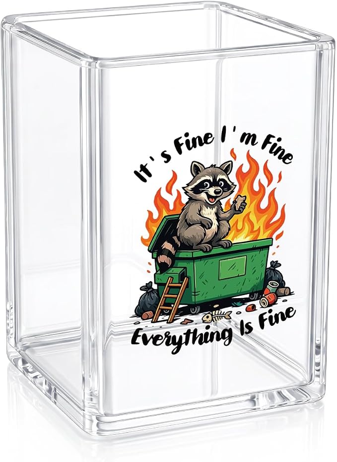 Funny Pen Holder for Desk - Dumpster Fire Response Team - Clear Acrylic Makeup Brush Holder, Sarcastic Office Decor, Pencil Cup & Stationery Organizer for Coworker Workplace Gifts