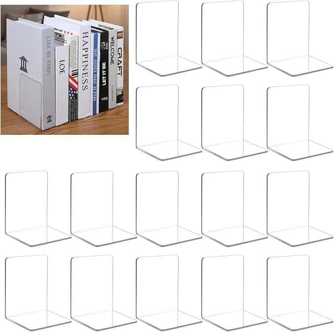 Kifmurase 16Pcs Bookends, Clear Acrylic Bookends for Shelves, Non-Slip Book Holder Stand, Decorative Book Stoppers, Heavy Duty Bookend for Office Desktop Organizer