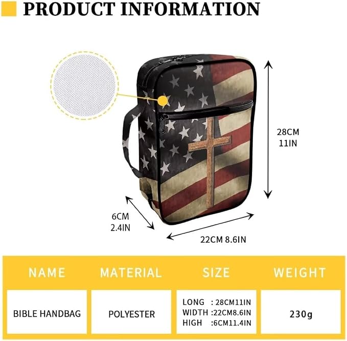 Coldinair American Flag Cross Bible Cover for Men and Women Bible Case Bible Carrier Carrying Organizer Purse Handbag with Zipper Pockets Church Bag