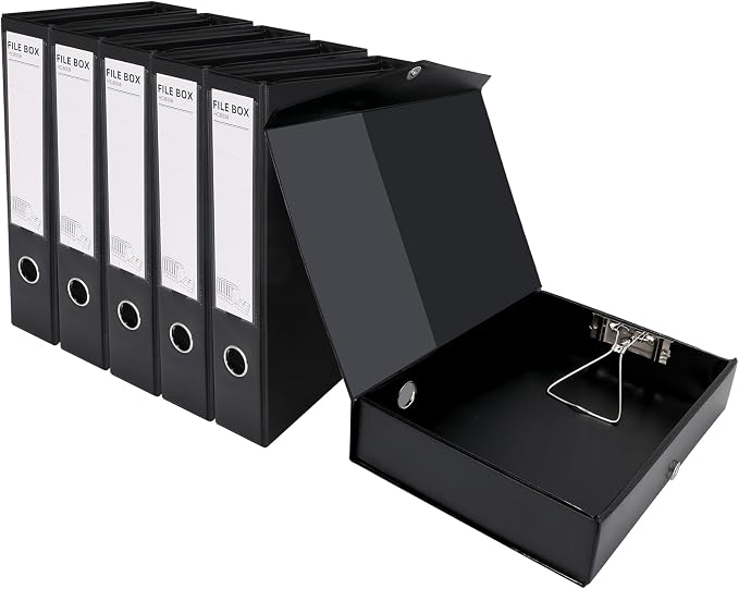 HUA JIE A4 Storage File Boxes Plastic Archives Cases with Clip, PVC File Folder Organizer Document Storage Filing Box for office,32.5×6.5×24 cm, Black(Pack of 6)