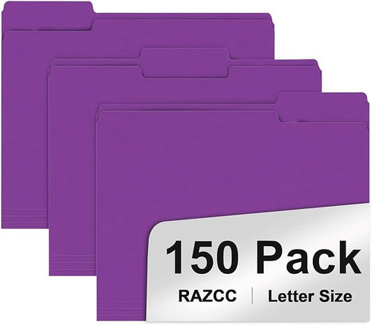 File Folder, RAZCC 150 Pack 1/3 Cut Tab File Folders Letter Size, Purple, Folders, Folders with Tab, Great for Organizing and Easy File Storage
