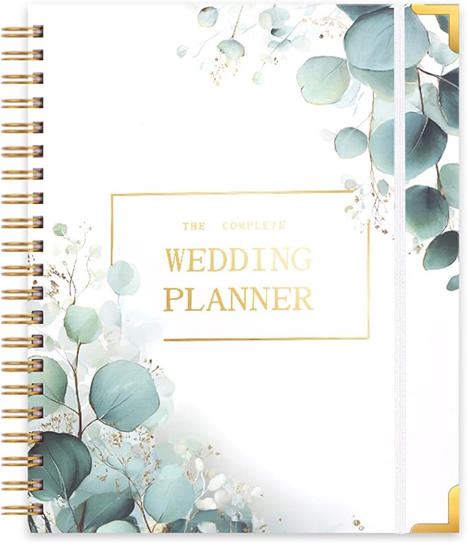 Spiral Wedding Planner Niotebook with Countdown Calendar, Beautiful Boho Wedding Planner Book and Organizer with Guiding Tab, Bridal Planning Binder (Green Leaves)