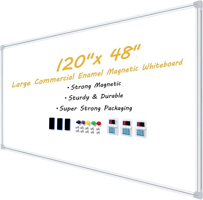 120"x48" Premium Belgian Enamel Whiteboard | Magnetic Dry Erase Board | Commercial Grade Porcelain Wall-Mounted Board | Zero Ghosting, Stain-Resistant Surface for Office, Home, Classroom (White)