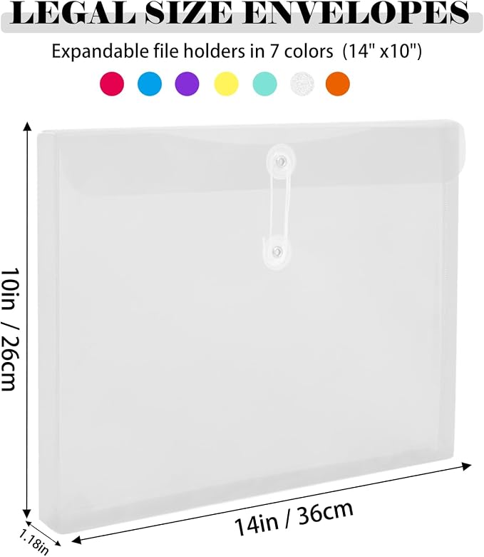 Legal Size Plastic Envelopes with String Tie Closure, 1-1/4" Expansion Clear Poly Envelope Side Loading File Folder Document Organizer for Legal Size Paper, Filing Folders, Office School Home (10)