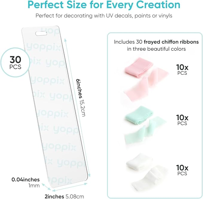 YOPPIX 6x2” Acrylic Bookmark Blanks- 30 Pieces Acrylic Bookmark Kit with 30 Pcs Ribbon for Reading Lovers DIY Crafts Hanging Tag Gifts Tag Price Tags, Graduation Back to School Gifts(Rectangle)