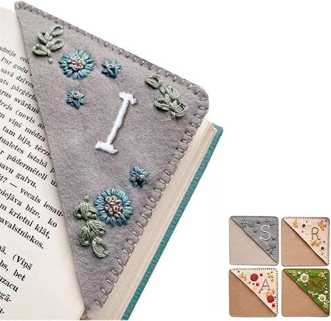 Personalized Hand Embroidered Corner Bookmark, 26 Letters Cute Flower Embroidered Corner Bookmark Embroidery Book Marker Clip for Book Lovers Bookmarks for Reading Lovers Meaningful GIF (Winter, I)