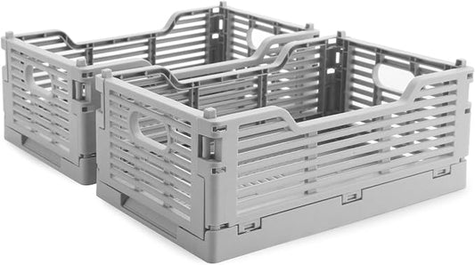 2-Pack Foldable Crates, Plastic Storage Baskets Crate for Organizing, Collapsible Storage Crates for Home Kitchen Classroom Office Bedroom Bathroom (8.66''x5.91''x3.54'', Gray)