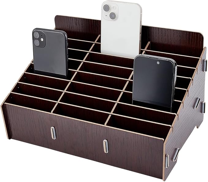 BENECREAT 24-Grid Wooden Mobile Phone Management Storage Box, Black Cell Phone Storage Box Desktop Organizer for Office and School Supplies, Walnut Color