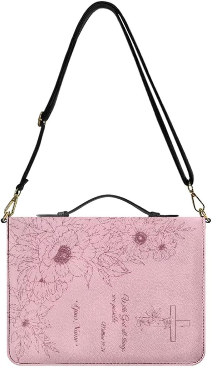 Custom Bible Cover Case for Girls, Personalized Pink Bible Cover for Girls with Name, Zipper Handle & Detachable Adjustable Strap, Bible Study Supplies Accessories for Christian Gifts, Large