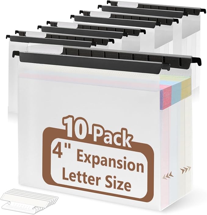 10 PCS 4 Inch Extra Capacity Hanging File Folder Plastic Letter Size Filing Cabinet Reinforced Hang Folders with Heavy Duty 4 Inch Expansion Black Insert Gasket 8.5” X 14” for Insertable Tabs