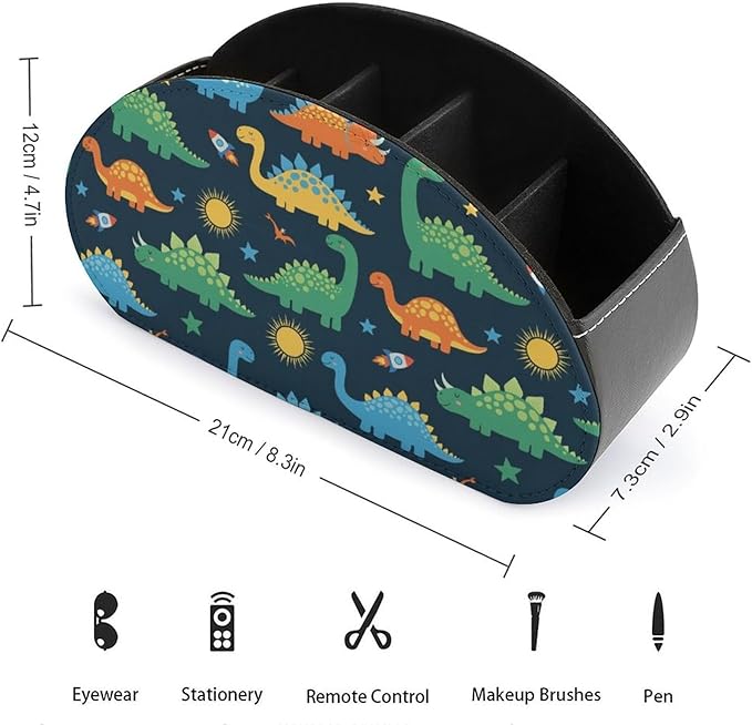 PU Leather Remote Control Holder with 5 Compartments, Desk Organizer for TV Remotes, Office Supplies, and Bedside Table Storage, Dinosaurs