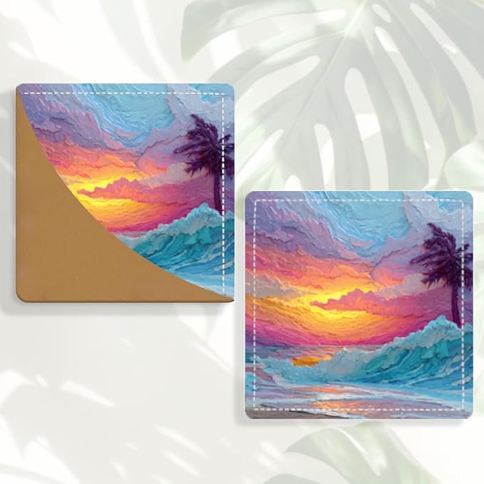 2PCS PU Leather Bookmarks 3.5x3.5 Inch Sunset Palm Wave Design | PU leather bookmarks for books with sunset palm wave design for vacation journals, beach reads, coastal decor lovers