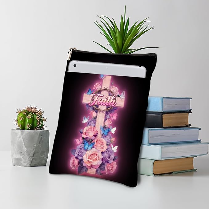 Floral Bible Cross Book Sleeve, Book Lovers Gifts Sleeve with Zipper & Front Pocket, 11.4x8.8 Inch Canvas Books Cover Protector Bookish Bible Gifts for Readers Librarian Women Teacher